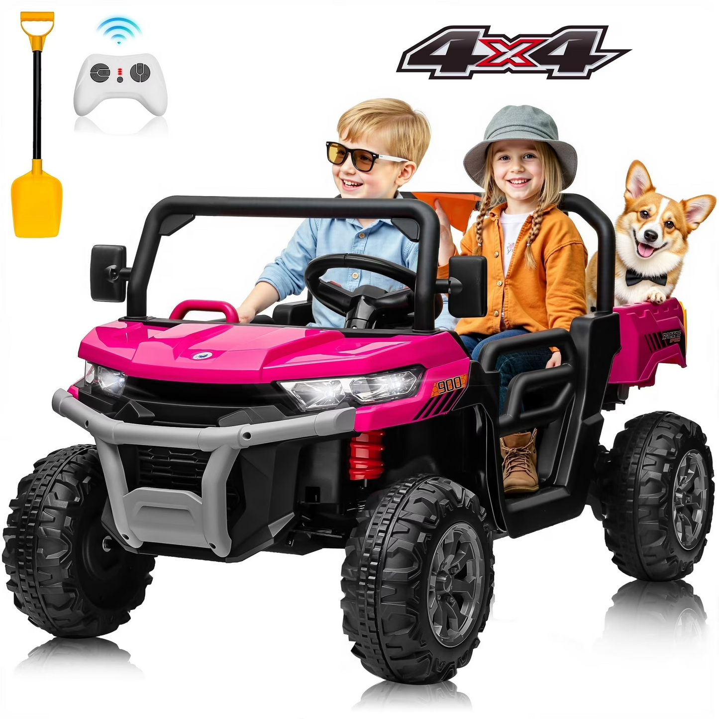 Joyracer 4WD 24 Volt Ride on Toys, 800W Ride on Truck for Kids, 2 Seater Power Car Wheels w/ Dump Bed & Shovel, Ride on UTV w/Remote Control, Bluetooth, LED Lights