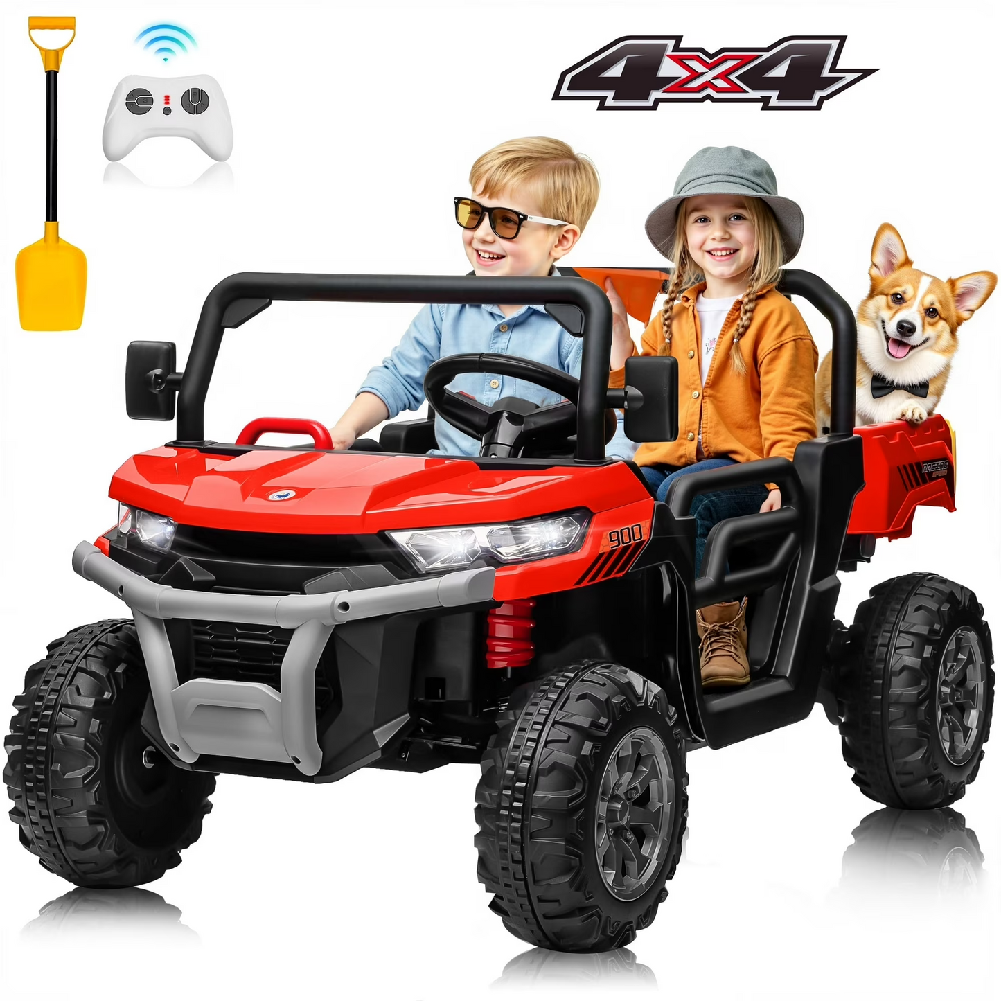 Joyracer 4WD 24 Volt Ride on Toys, 800W Ride on Truck for Kids, 2 Seater Power Car Wheels w/ Dump Bed & Shovel, Ride on UTV w/Remote Control, Bluetooth, LED Lights