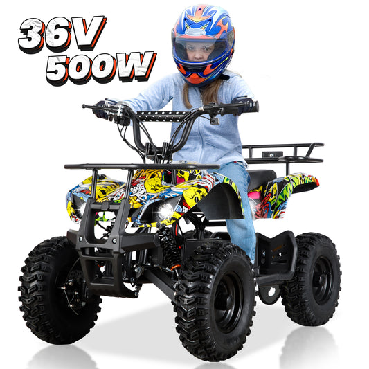 Joyracer 500W Dirt Quad，36V Powered Ride-on ATV, Electric 4-Wheeler for Kids Teenager, Graffiti-Art
