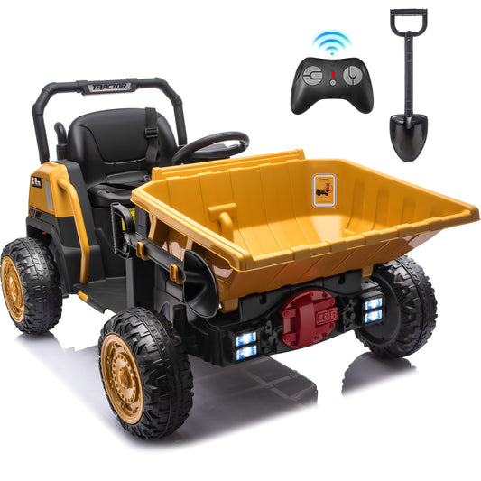 24 Volt Ride on Dump Truck for Kids, Joyracer Ride on Car with Remote Control, Metal Frame ,Bluetooth, Music, Dump Bed, Shovel, Power Car Wheels for Toddlers, Yellow-A