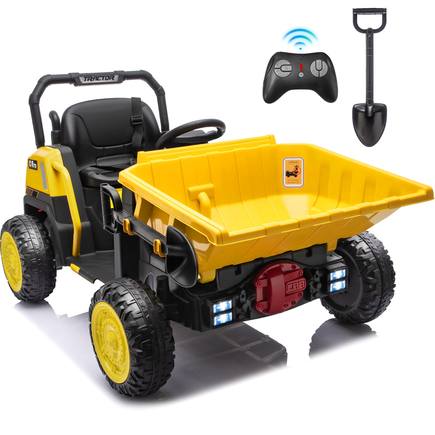 24 Volt Ride on Dump Truck for Kids, Joyracer Ride on Car with Remote Control, Metal Frame ,Bluetooth, Music, Dump Bed, Shovel, Power Car Wheels for Toddlers, Yellow-A