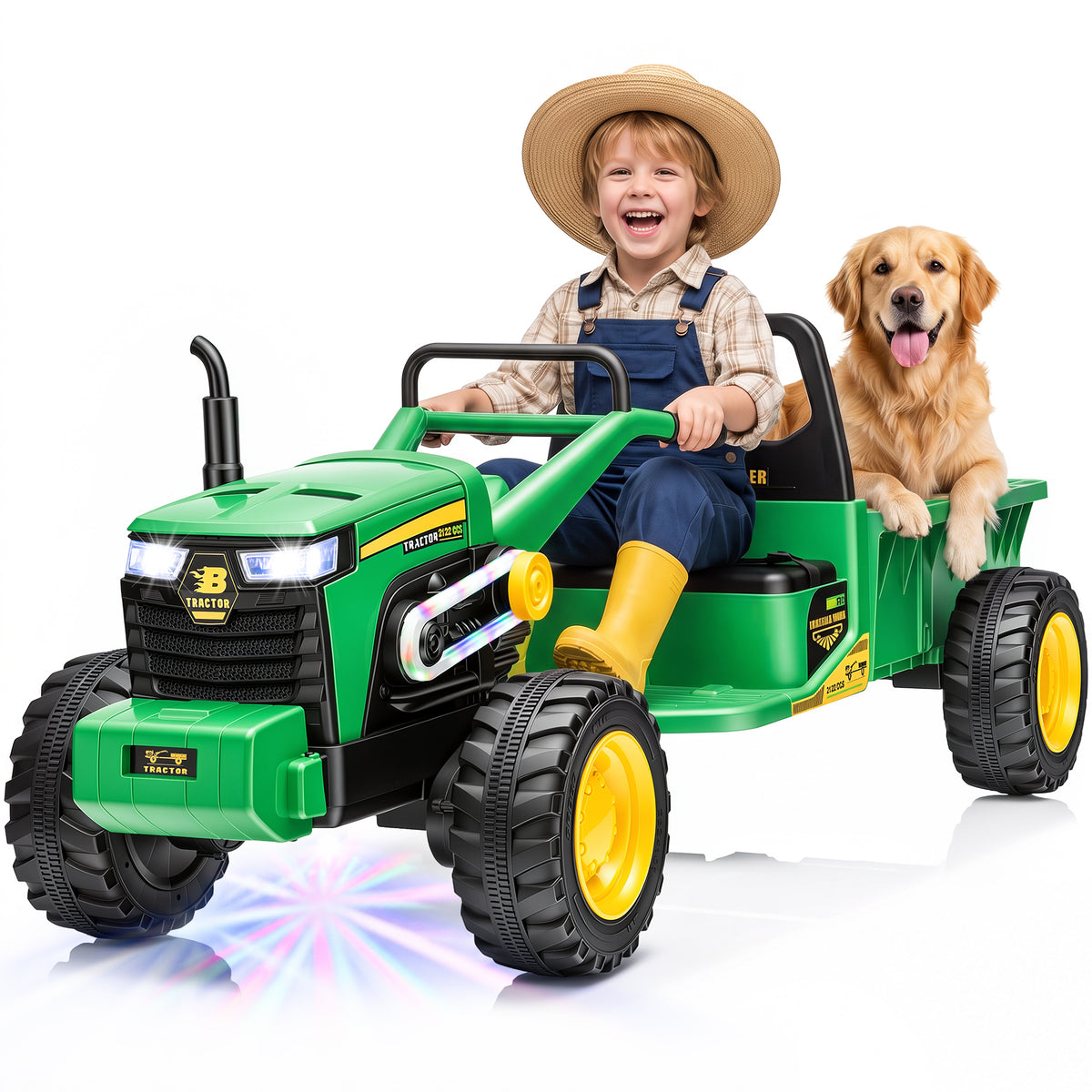 Joyracer 24V Kids Ride On Toys with LargeTrailer, 2x200W Electric Powered Toy Tractor, 110 LBS Max Load, LED Lights & Bluetooth Music, 3199