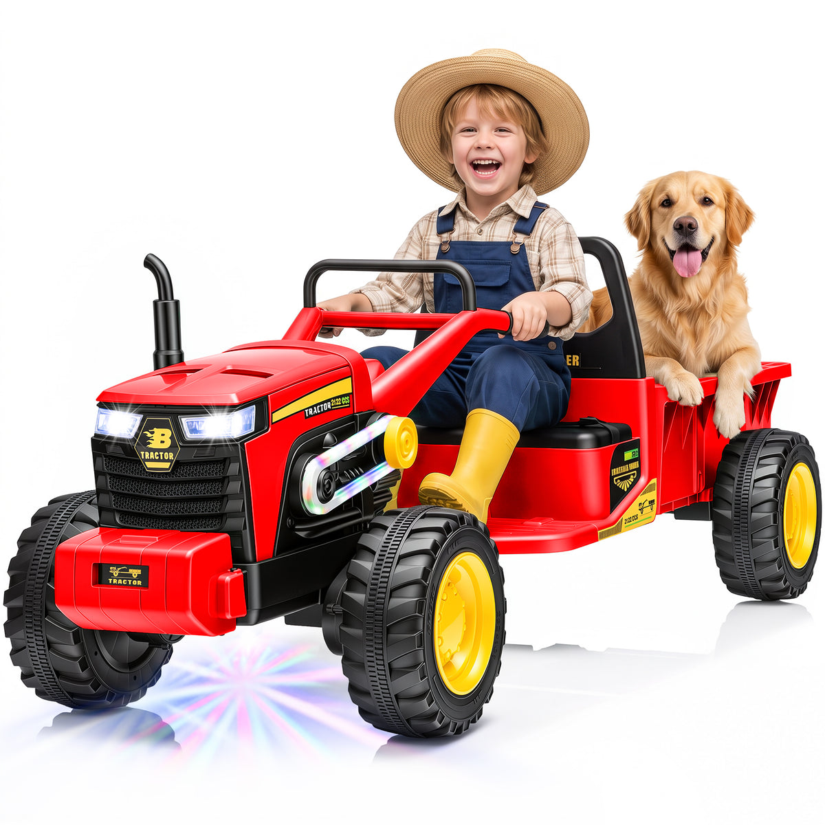Joyracer 24V Kids Ride On Toys with LargeTrailer, 2x200W Electric Powered Toy Tractor, 110 LBS Max Load, LED Lights & Bluetooth Music, 3199