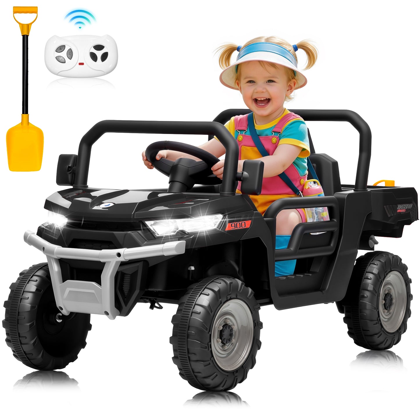 24 Volt Dump Truck Battery Toy Car, Power Car Wheels with Dump Bed, Remote Control, Music, Shovel, Bluetooth, Pink