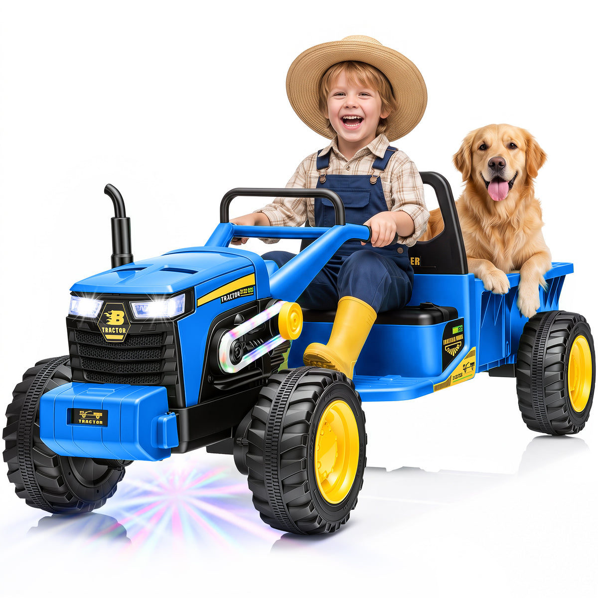 Joyracer 24V Kids Ride On Toys with LargeTrailer, 2x200W Electric Powered Toy Tractor, 110 LBS Max Load, LED Lights & Bluetooth Music, 3199