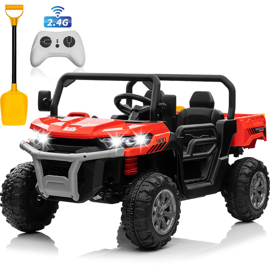 Joyracer 24V Ride on Toys UTV with Remote Control, Outdoor Electric Cars for Kids, 2 Seater Powered Ride on Dump Truck w/ Trailer, Shovel, 3 Speeds, Music, Big Kids, Red