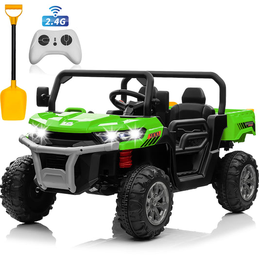 Joyracer 24V Ride on Toys UTV with Remote Control, Outdoor Electric Cars for Kids, 2 Seater Powered Ride on Dump Truck w/ Trailer, Shovel, 3 Speeds, Music, Big Kids, Green