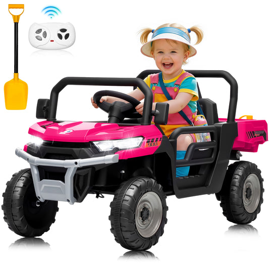 24 Volt Dump Truck Battery Toy Car, Power Car Wheels with Dump Bed, Remote Control, Music, Shovel, Bluetooth, Pink