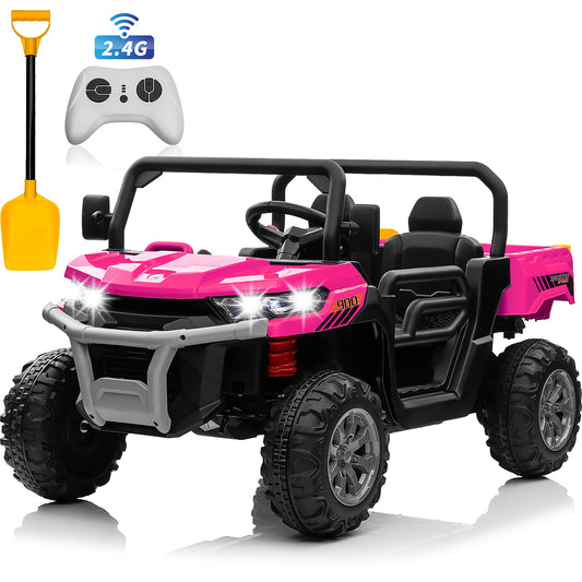 Joyracer 24V Ride on Toys UTV with Remote Control, Outdoor Electric Cars for Kids, 2 Seater Powered Ride on Dump Truck w/ Trailer, Shovel, 3 Speeds, Music, Big Kids, Pink