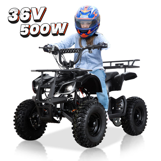 Joyracer 500W Dirt Quad - 36V Powered Ride-on, Electric 4-Wheeler for Kids Teenager, Mini ATV w/ Brush-less Motor, Hydraulic-Spring Absorbers, Disc Brakes, 3 Speeds, up to 16 mph, Black