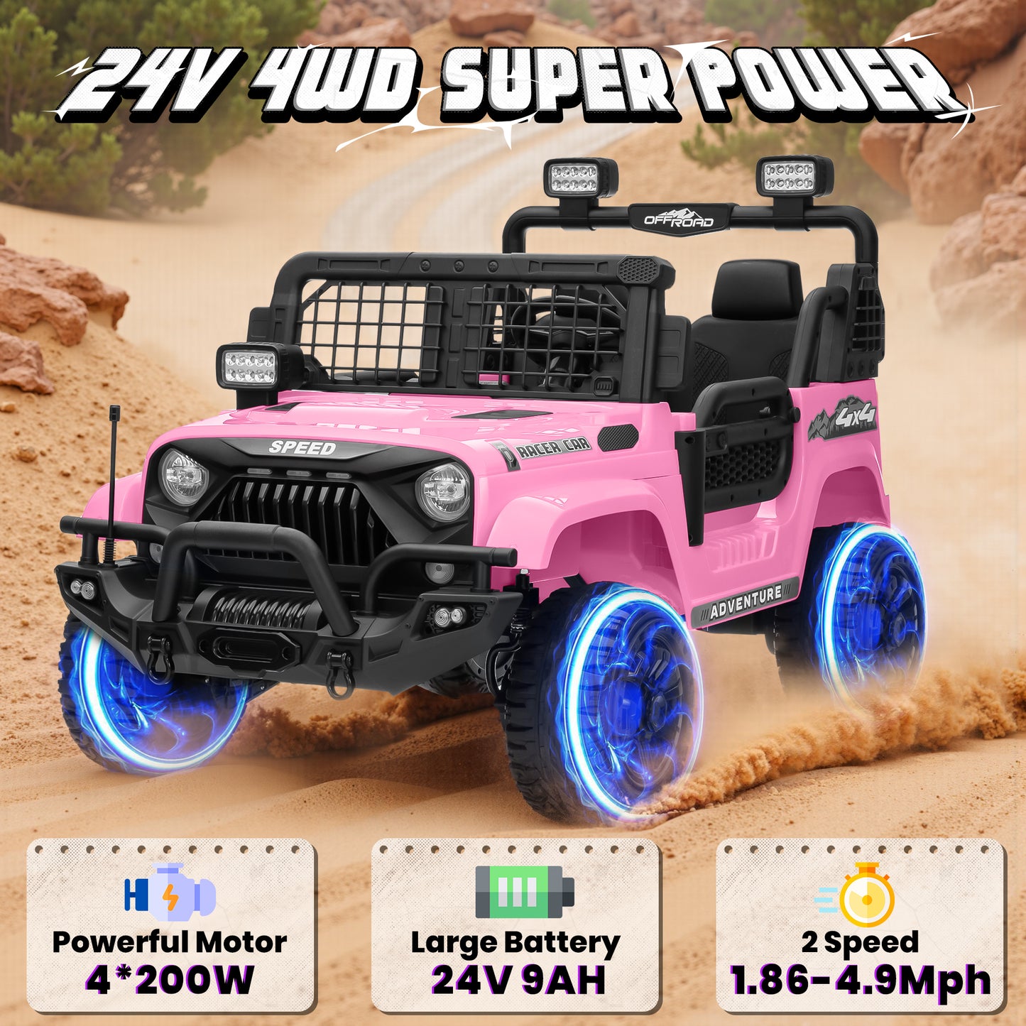 Joyracer 4WD 24V Ride On Toys Truck with Remote Control, 2 Seater 800W 9AH Powered Ride on Electric Car, Bluetooth MP3 Music, 4 Wheels Suspension, 3 Speeds, Black, Pink, Red,Pink-1202