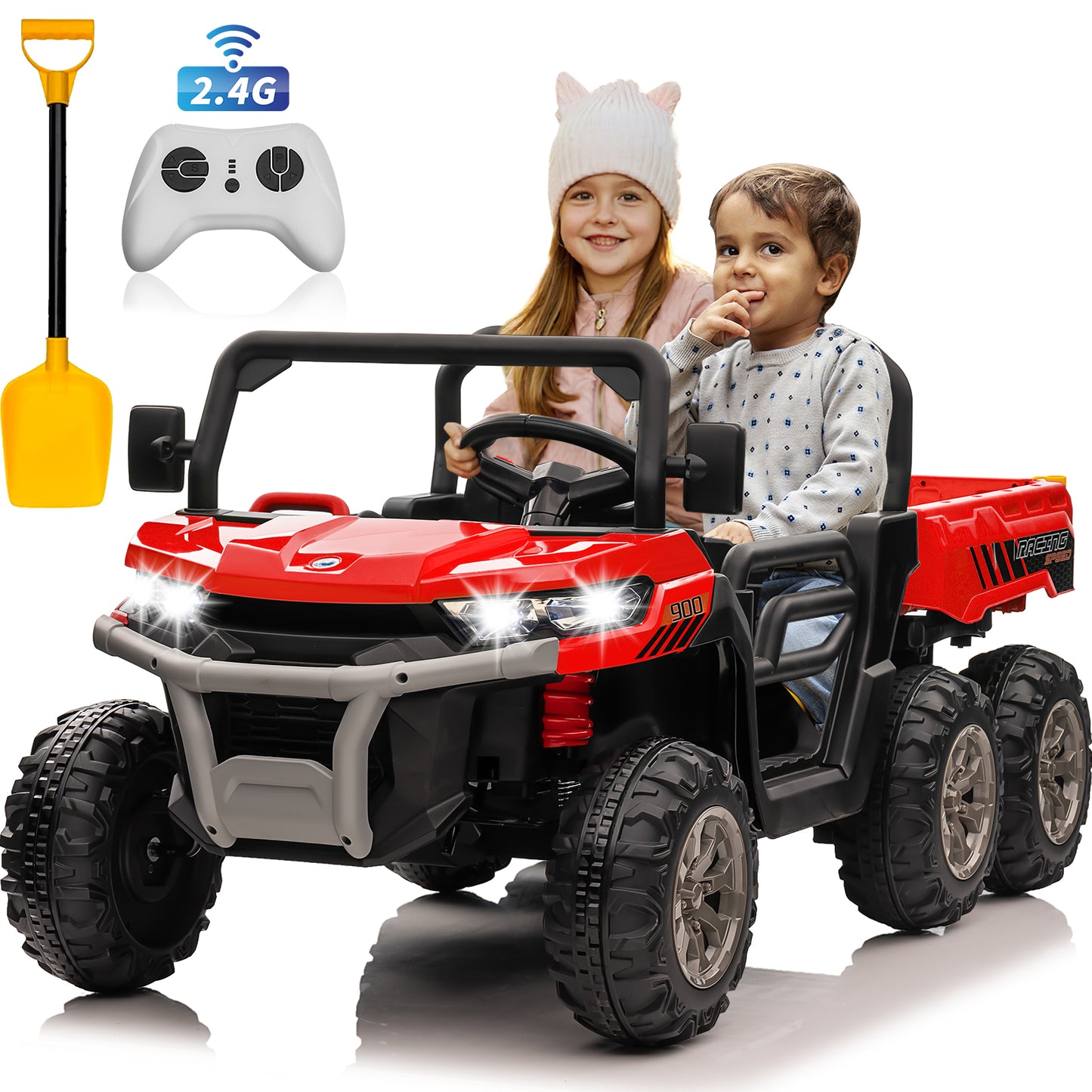 4x4 24V Ride on Dump Truck with Remote Control, 2 Seater Electric Powered Ride on Toys, 6-Wheel UTV Car w/ Tipping Bucket Trailer, Shovel, Suspension, Bluetooth Music, Big Kids-623B