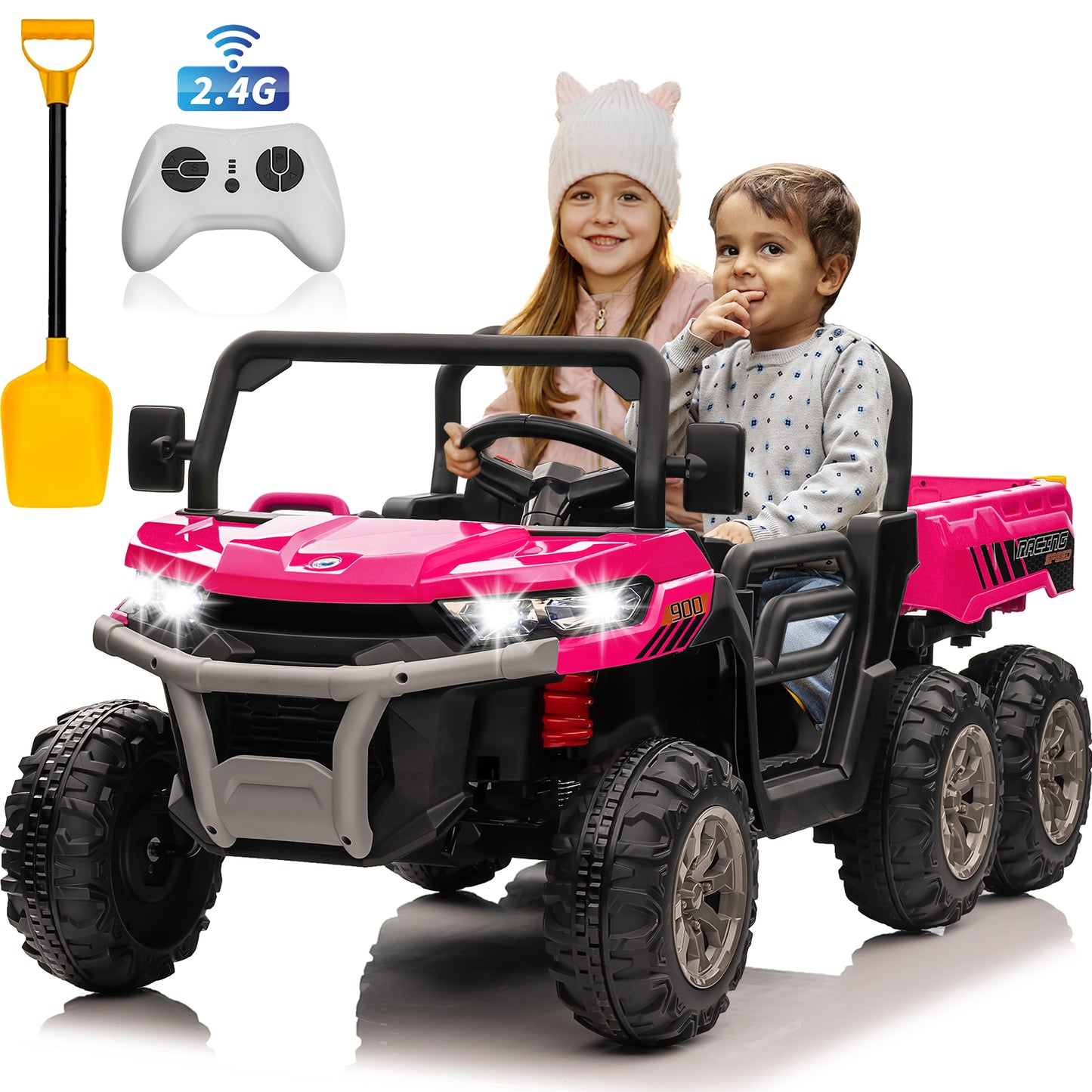 4x4 24V Ride on Dump Truck with Remote Control, 2 Seater Electric Powered Ride on Toys, 6-Wheel UTV Car w/ Tipping Bucket Trailer, Shovel, Suspension, Bluetooth Music, Big Kids-623B