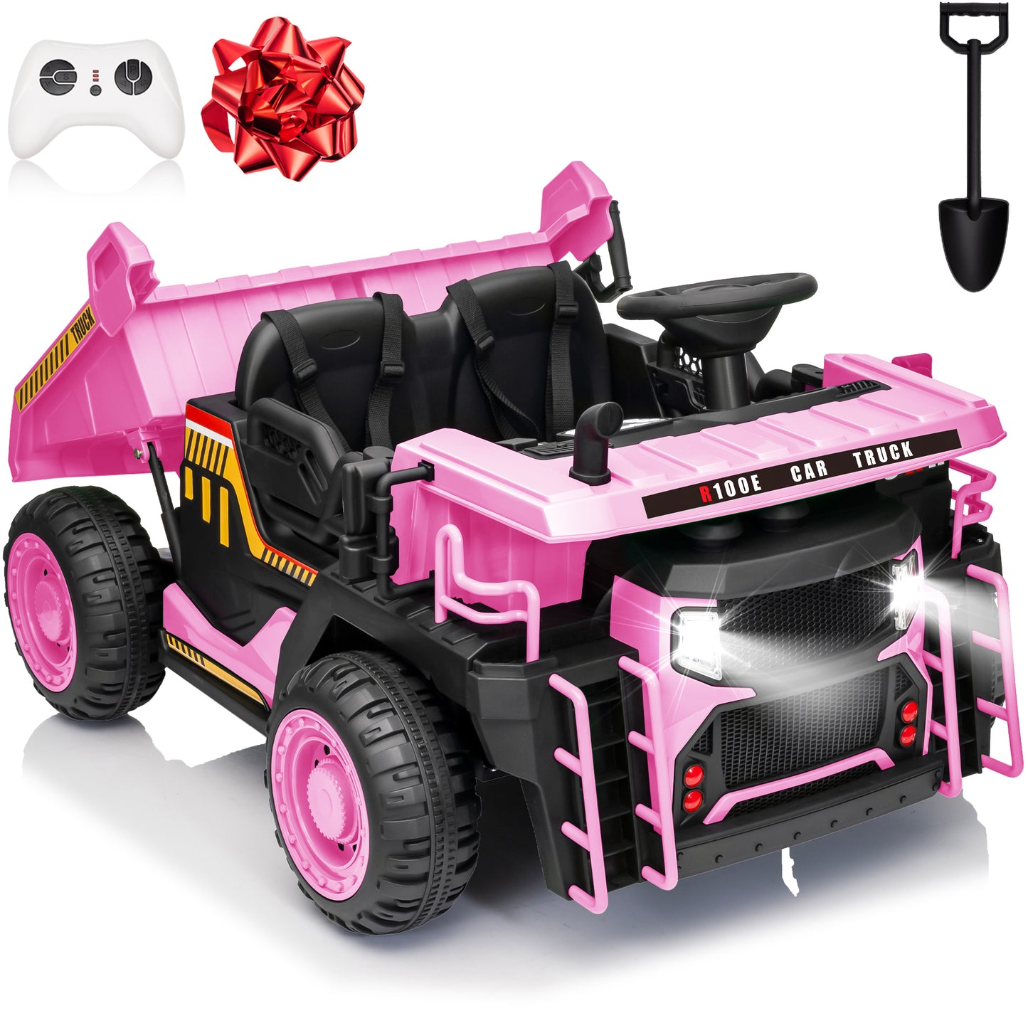 Joyracer 24 Volt Ride on Toys 2 Seater with Remote Control, 7AH Ride on Dump Truck w/ Tipping Bucket Trailer, Shovel, 3 Speeds,LED Lights, MP3/USB Music for Big Kid, Yellow，Blue,Green,Pink-305