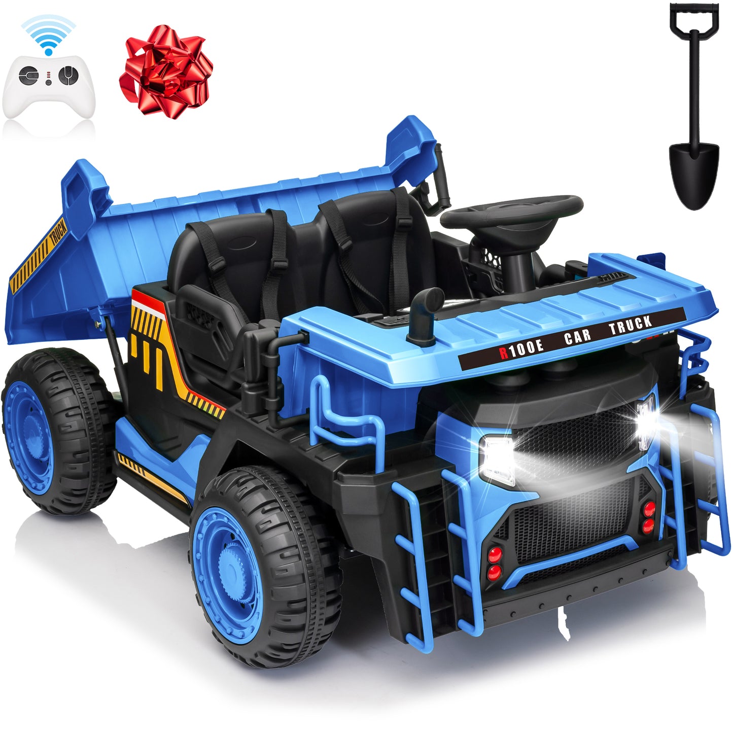 Joyracer 24 Volt Ride on Toys 2 Seater with Remote Control, 7AH Ride on Dump Truck w/ Tipping Bucket Trailer, Shovel, 3 Speeds,LED Lights, MP3/USB Music for Big Kid, Yellow，Blue,Green,Pink-305