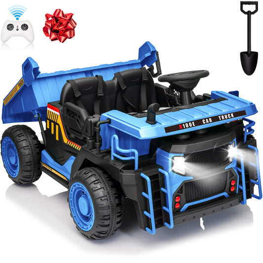 Joyracer 24 Volt Ride on Toys 2 Seater with Remote Control, 7AH Ride on Dump Truck w/ Tipping Bucket Trailer, Shovel, 3 Speeds,LED Lights, MP3/USB Music for Big Kid, Yellow，Blue,Green,Pink-305