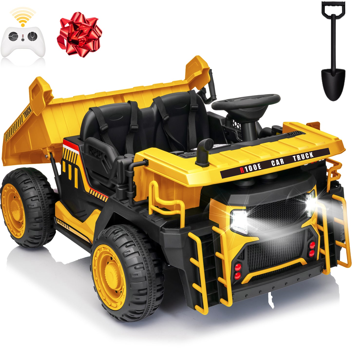 Joyracer 24 Volt Ride on Toys 2 Seater with Remote Control, 7AH Ride on Dump Truck w/ Tipping Bucket Trailer, Shovel, 3 Speeds,LED Lights, MP3/USB Music for Big Kid, Yellow，Blue,Green,Pink-305