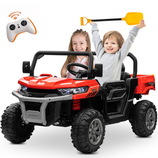 Joyracer 24 Volt Ride on Toys with Remote Control, 2-Seater Battery Powered Tractor Wheeler Electric Car for Toddlers, Motorized Vehicle w/ Tippable Trailer, Music - Red030