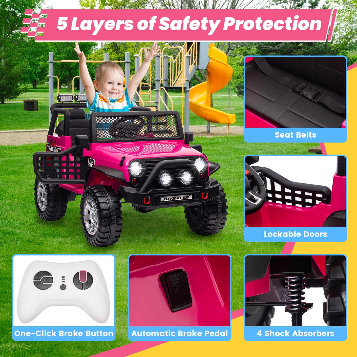 Joyracer 24V 2 Seater Kids Ride on Truck with Remote Control, 4×200W Motor, Electric Battery Powered Toys Car w/ 4 Wheels Spring Suspension, 3 Speeds, LED Lights, Bluetooth Music, Rose Pink