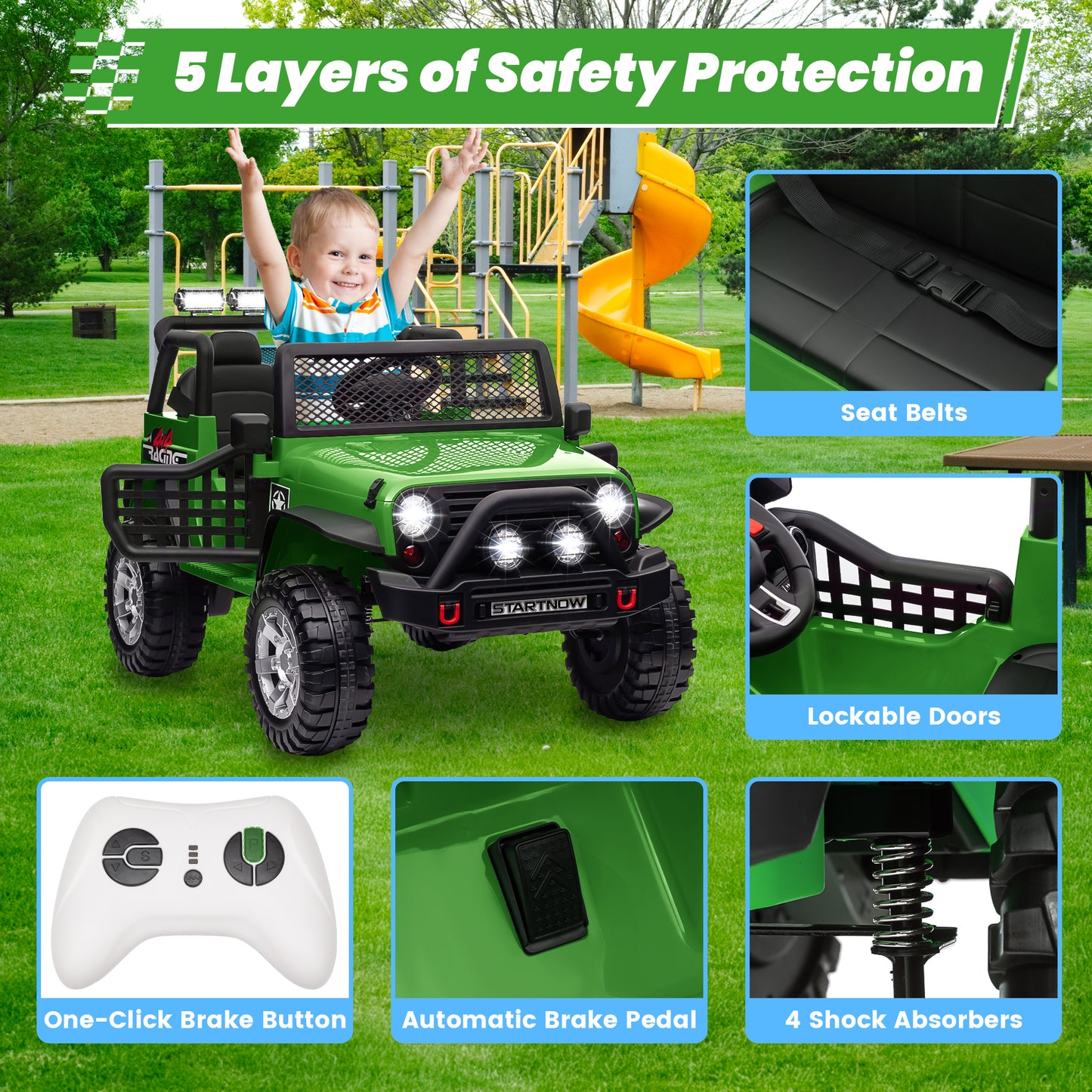 Joyracer 24V 2 Seater Kids Ride on Truck with Remote Control, 4×200W Motor, Electric Battery Powered Toys Car w/ 4 Wheels Spring Suspension, 3 Speeds, LED Lights, Bluetooth Music, Army Green