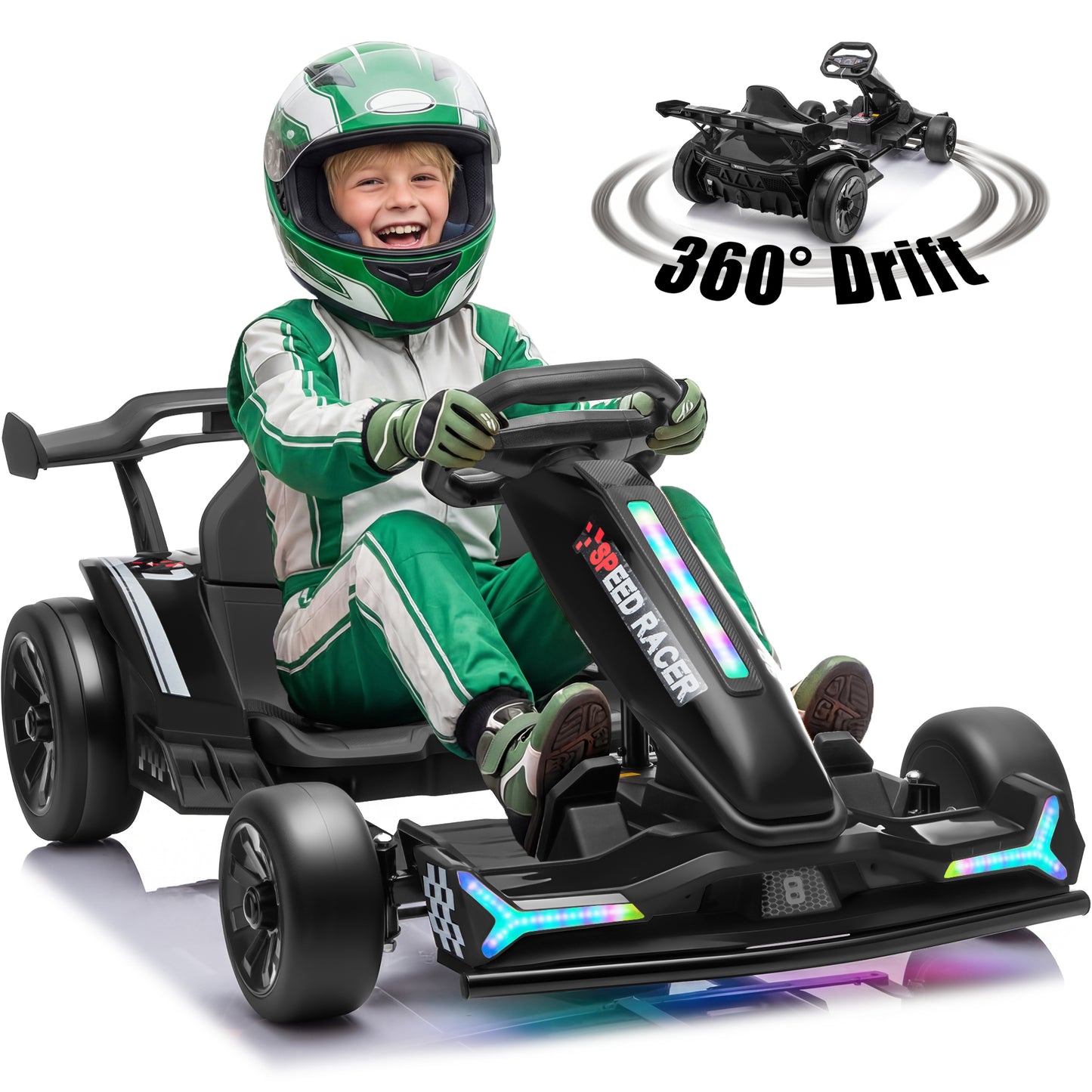 Joyracer 24V 10Ah Electric Go Kart Kids 6-12, Dual 400W Motors 360° Drift Car, Adjustable Length, Bluetooth LED, 2601