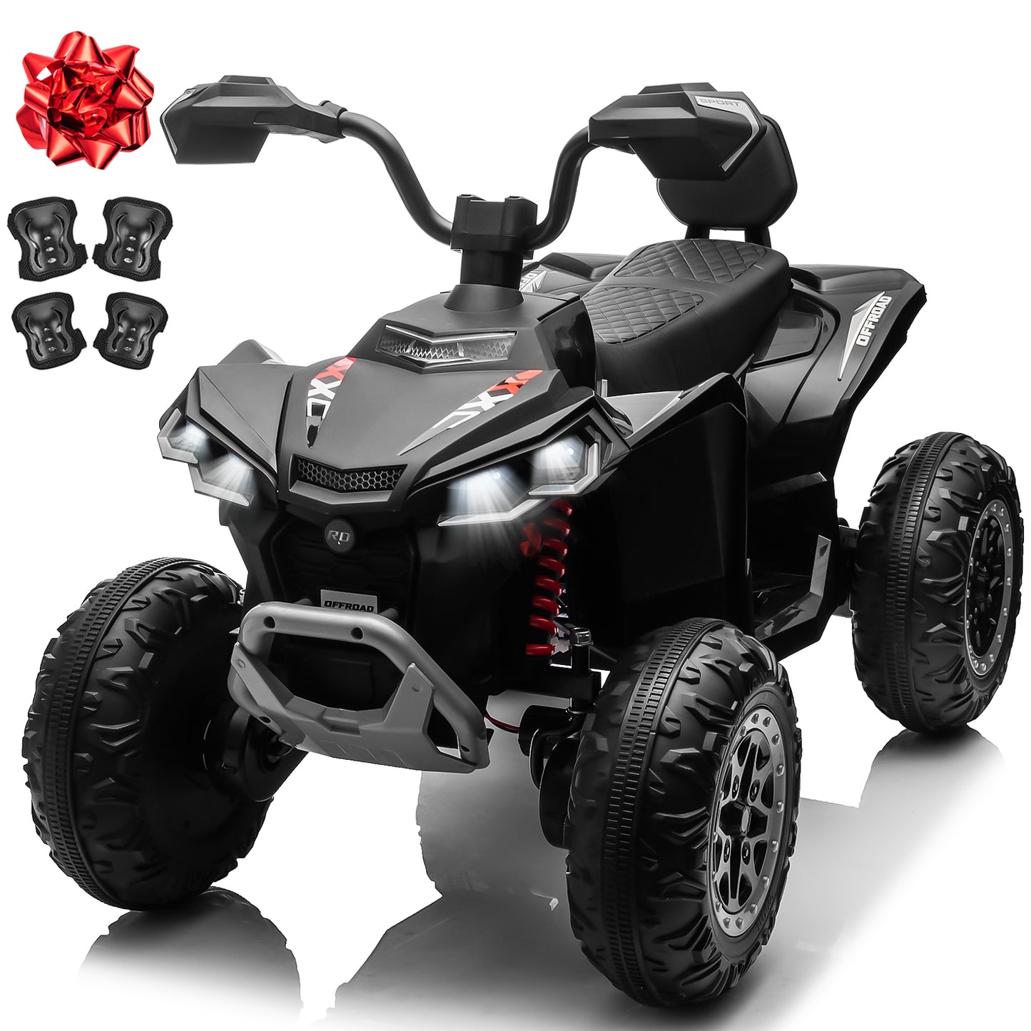 Joyracer 24V 4x4 Kids ATV Electric 4-Wheeler with Leather 2-Seater, 24 Volt Ride on Toys for Big Kids w/ Kneepads, 4x200W Motors, Bluetooth Music, Black,Green,Pink,Red-2405