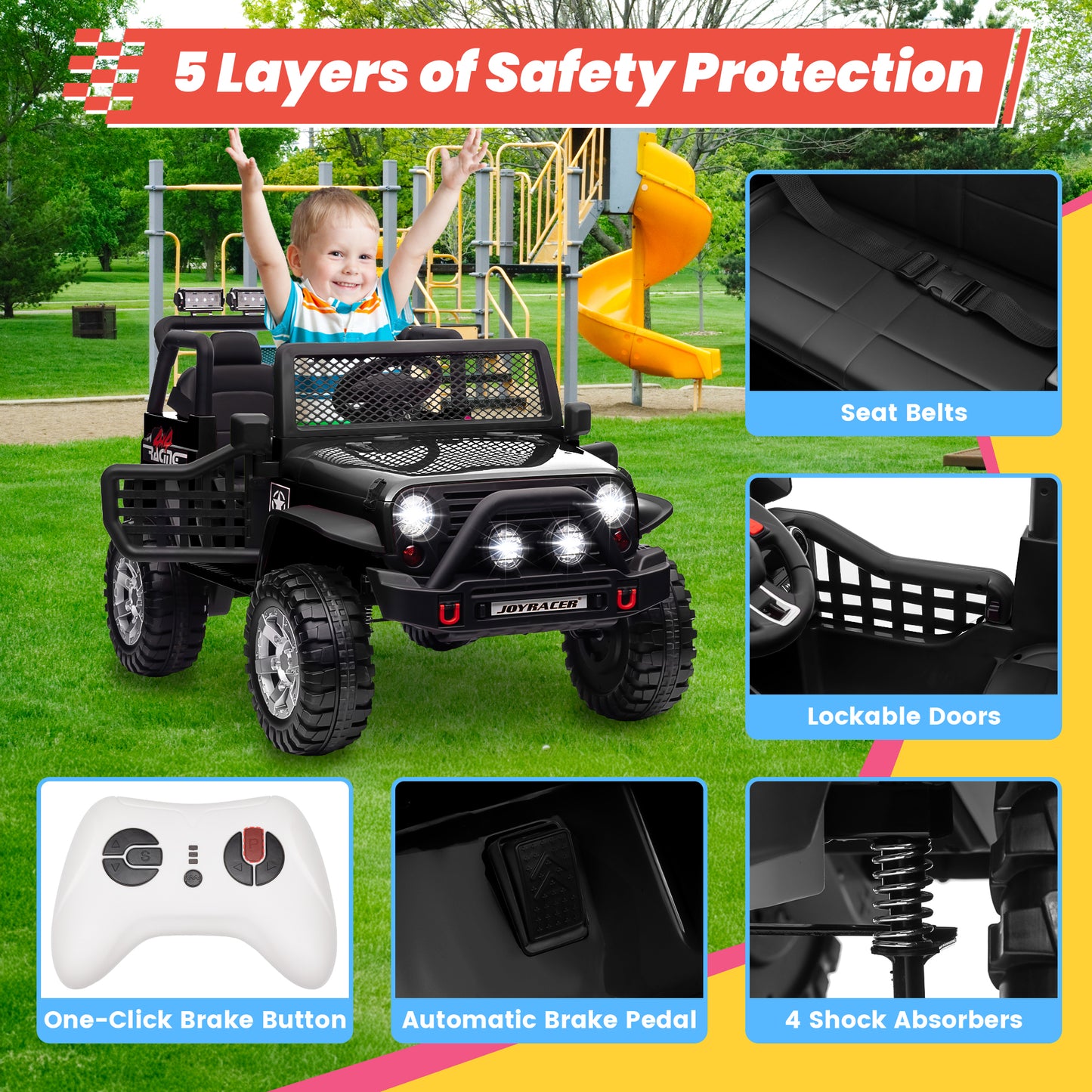 Joyracer 24V 2 Seater Kids Ride on Truck with Remote Control, 4×200W Motor, Electric Battery Powered Toys Car w/ 4 Wheels Spring Suspension, 3 Speeds, LED Lights, Bluetooth Music, Black