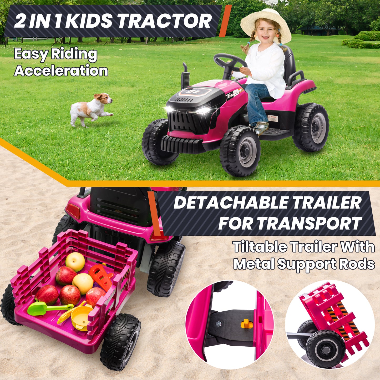 Joyracer 24 Volts Ride on Toys Vehicle w/Remote Control, 2 Seater Powered Ride on Tractor Truck, Electric Car for Kids 2-6 Gifts, 4-Wheelers Tipable Transport Dumper/Bluetooth/Music, Pink-030