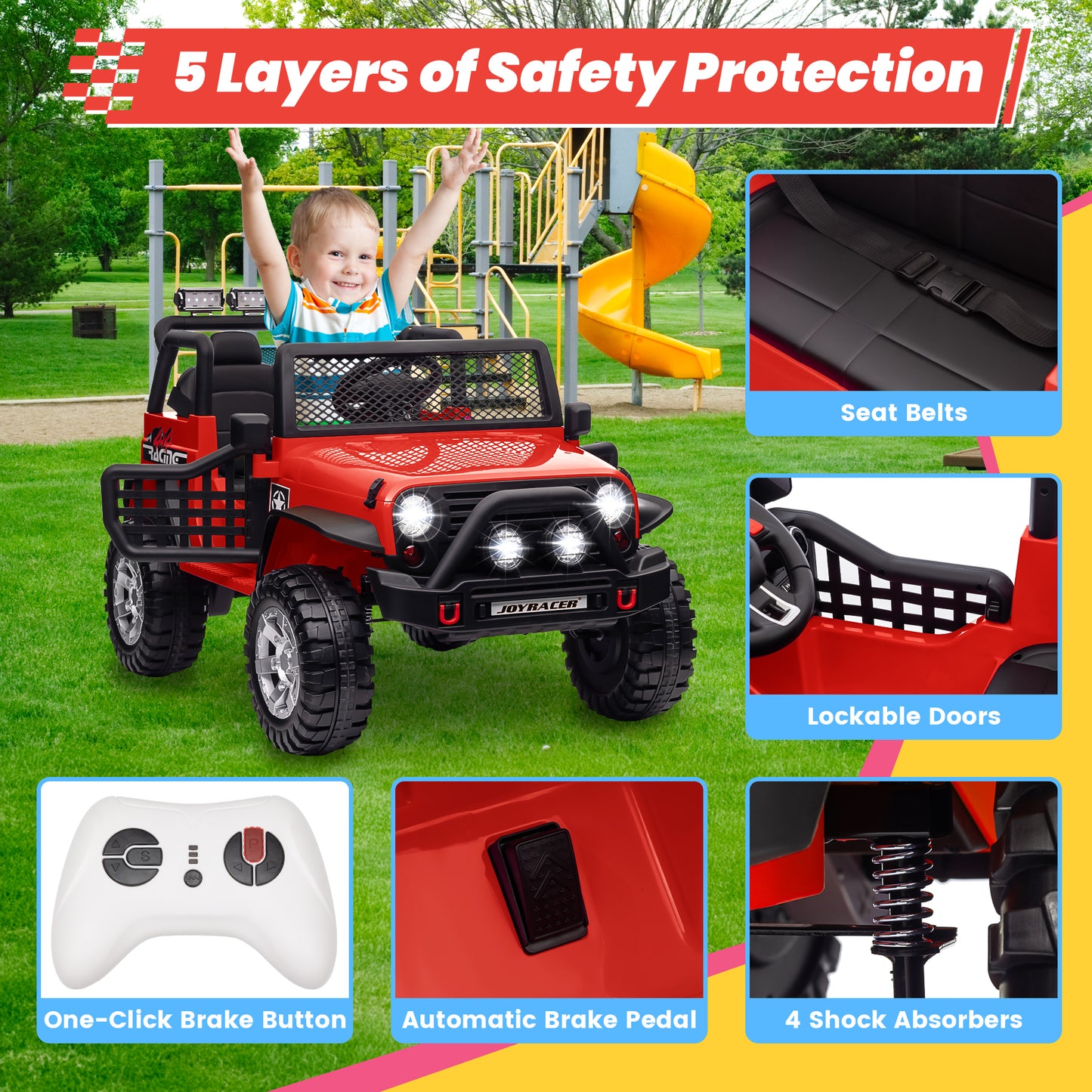 Joyracer 24V 2 Seater Kids Ride on Truck with Remote Control, 4×200W Motor, Electric Battery Powered Toys Car w/ 4 Wheels Spring Suspension, 3 Speeds, LED Lights, Bluetooth Music, Red