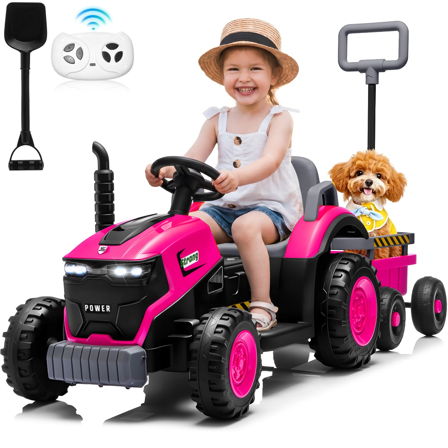 Joyracer 12V Ride on Toys, 2-in-1 Ride on Tractor with Detachable Trailer & Remote Control, Power Car Wheels w/ Shovel, Bluetooth, Music, LED Lights-319