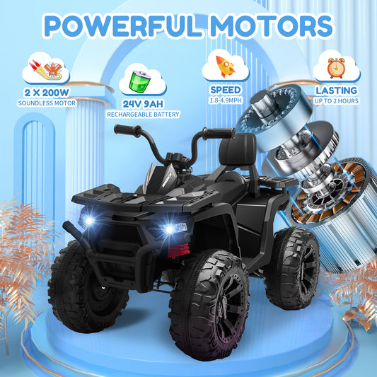 24V Kids Ride On ATV with 2 Seater,2* 200W Motor 9AH Battery Powered Electric Vehicle w/ LED Lights,High & Low Speed,Music,Spring Suspension,Ride on Car 4 Wheeler Quad for Boys & Girls,Black