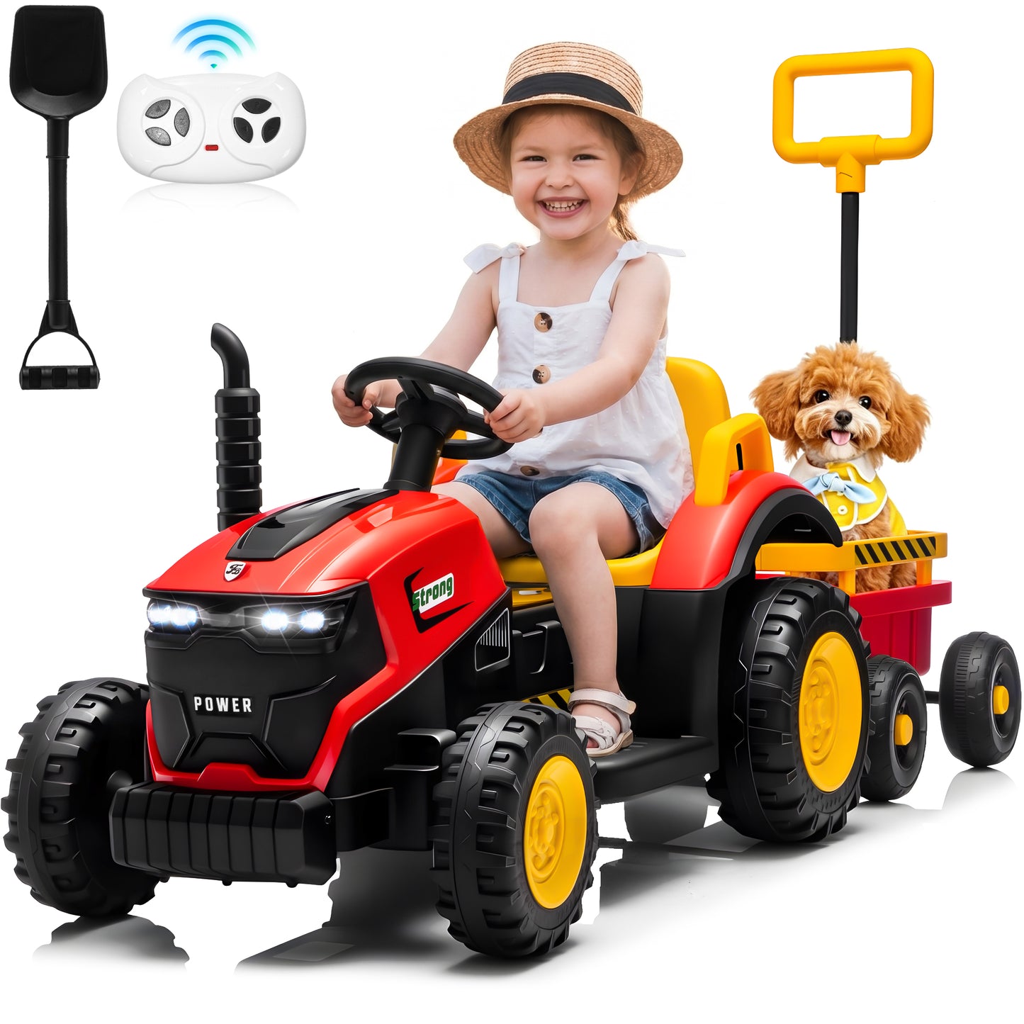 Joyracer 12V Ride on Toys, 2-in-1 Ride on Tractor with Detachable Trailer & Remote Control, Power Car Wheels w/ Shovel, Bluetooth, Music, LED Lights-319