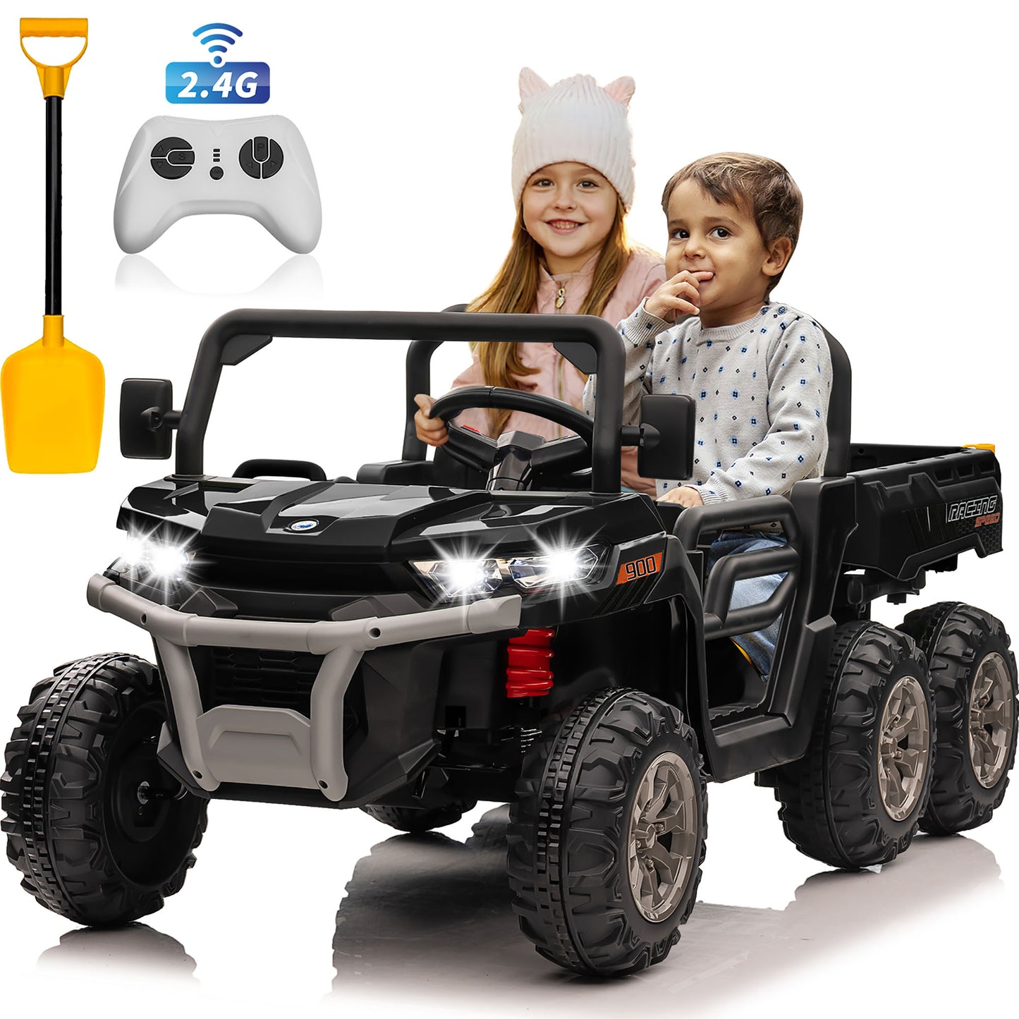 4x4 24V Ride on Dump Truck with Remote Control, 2 Seater Electric Powered Ride on Toys, 6-Wheel UTV Car w/ Tipping Bucket Trailer, Shovel, Suspension, Bluetooth Music, Big Kids-623B