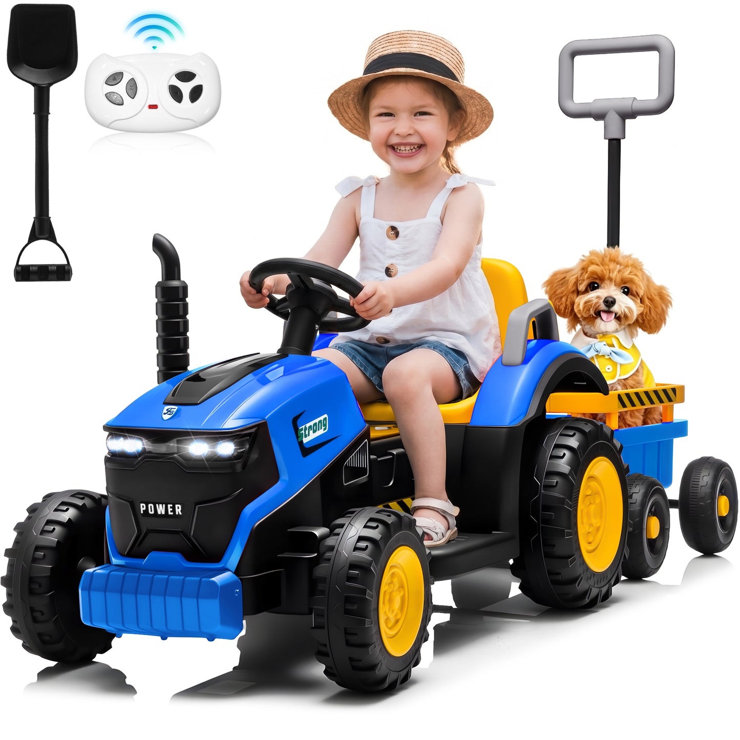 Joyracer 12V Ride on Toys, 2-in-1 Ride on Tractor with Detachable Trailer & Remote Control, Power Car Wheels w/ Shovel, Bluetooth, Music, LED Lights-319