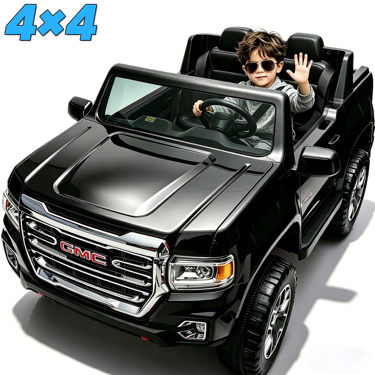 Joyracer 2 Seater 24 Volt Ride on Toys, Licensed GMC 4WD/2WD Switchable Ride on Car for Big Kids with Remote, Bluetooth, Fold Down Tailgate, Rear Storage, Black