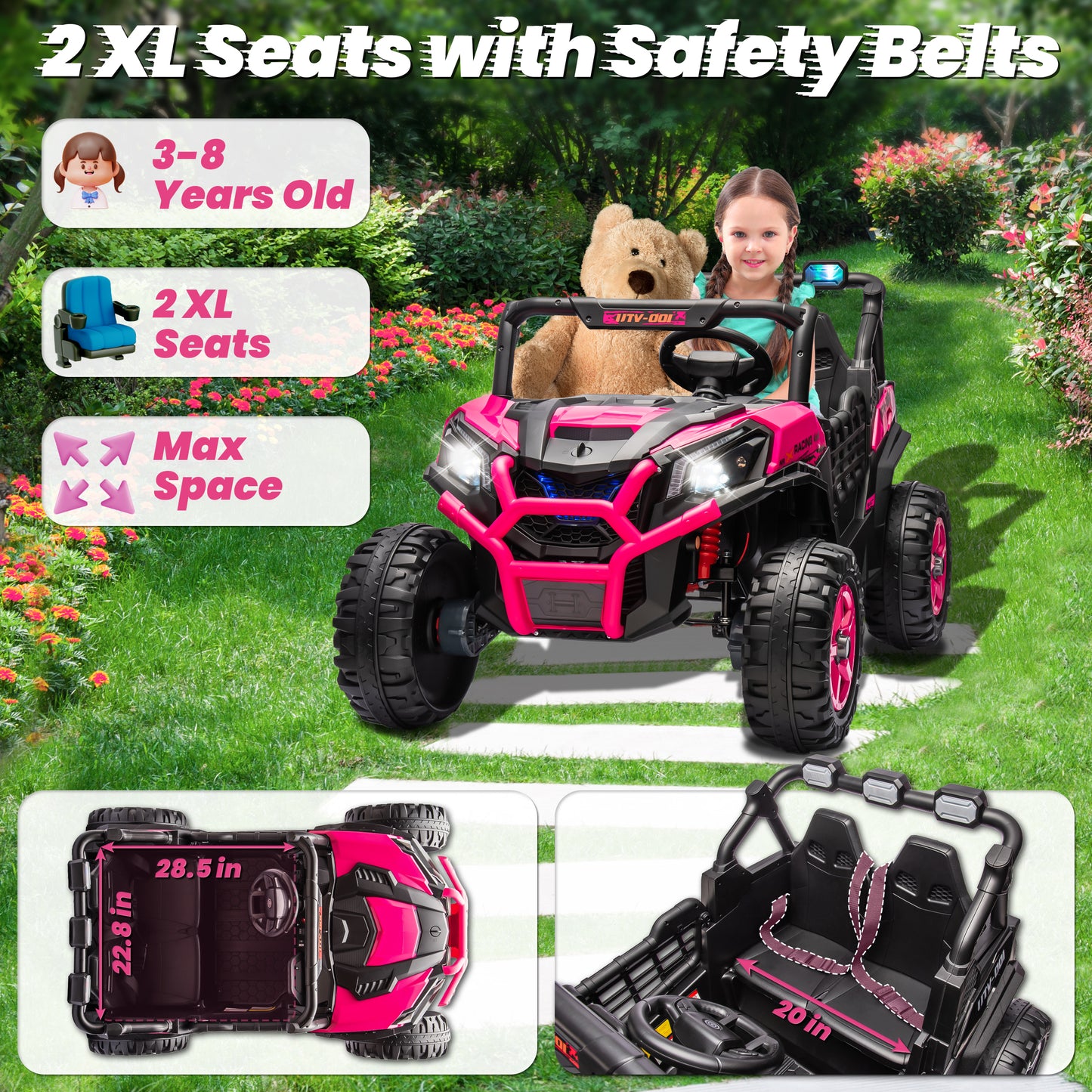 Joyracer 4WD 24V Ride on Toys Car w/ 2 XL Seater Remote Control, Electric UTV w/ 4*200W Motor, Power Car Wheels, LED Lights, Spring Suspension, 3 Speeds, Bluetooth Music
