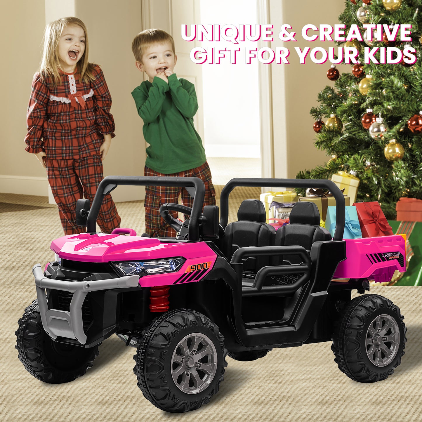 24V Kids Ride on Tractor with Remote Control, 2 Seater Ride on Truck for Kids Gift, 2x200W Motor, Electric Battery Powered Ride on Toy with Trailer & Shovel, Horn, MP3, Bluetooth Music, Pink-623