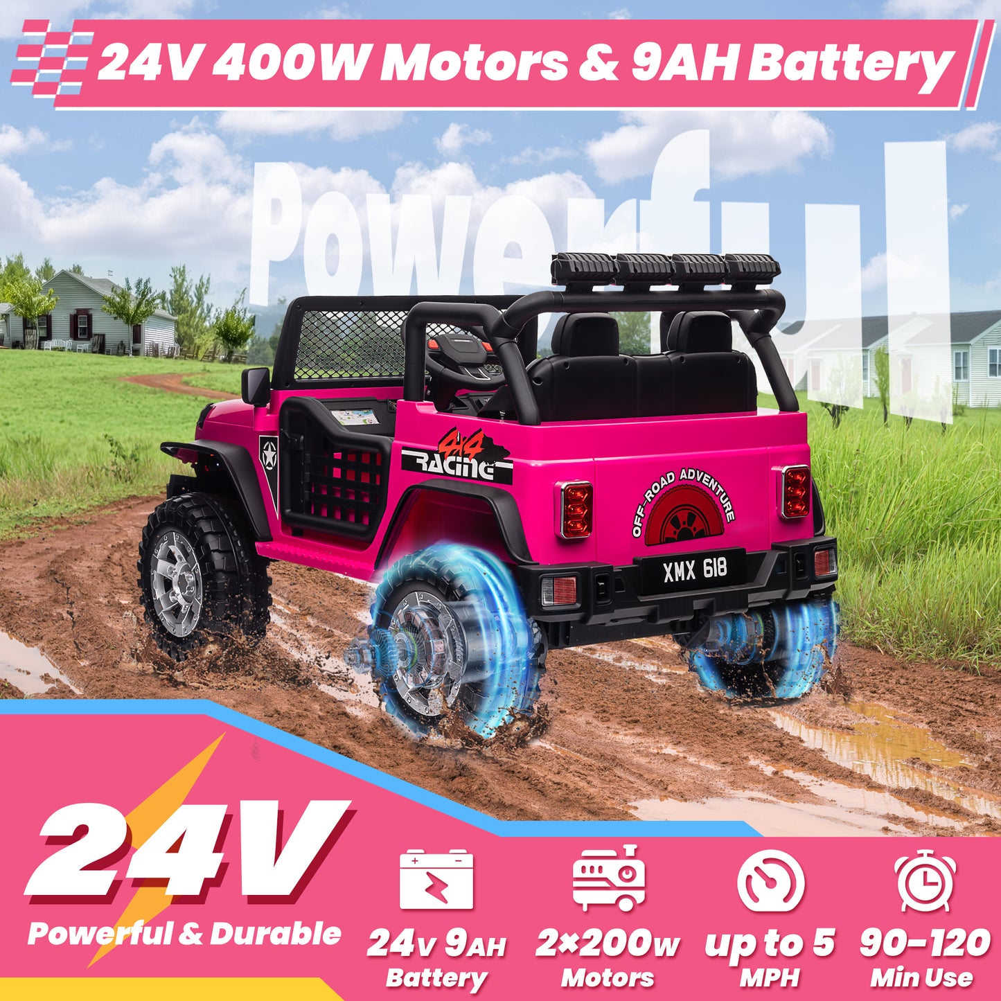 Joyracer 24V 2 Seater Kids Ride on Truck with Remote Control, 4×200W Motor, Electric Battery Powered Toys Car w/ 4 Wheels Spring Suspension, 3 Speeds, LED Lights, Bluetooth Music, Rose Pink