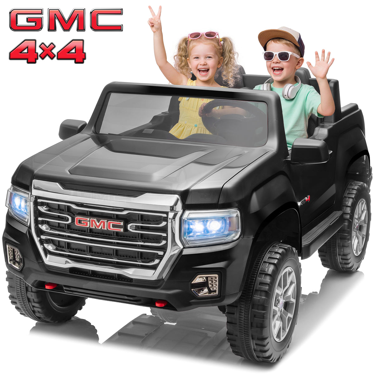Joyracer 2 Seater 24 Volt Ride on Toys, Licensed GMC 4WD/2WD Switchable Ride on Car for Big Kids with Remote, Bluetooth, Fold Down Tailgate, Rear Storage