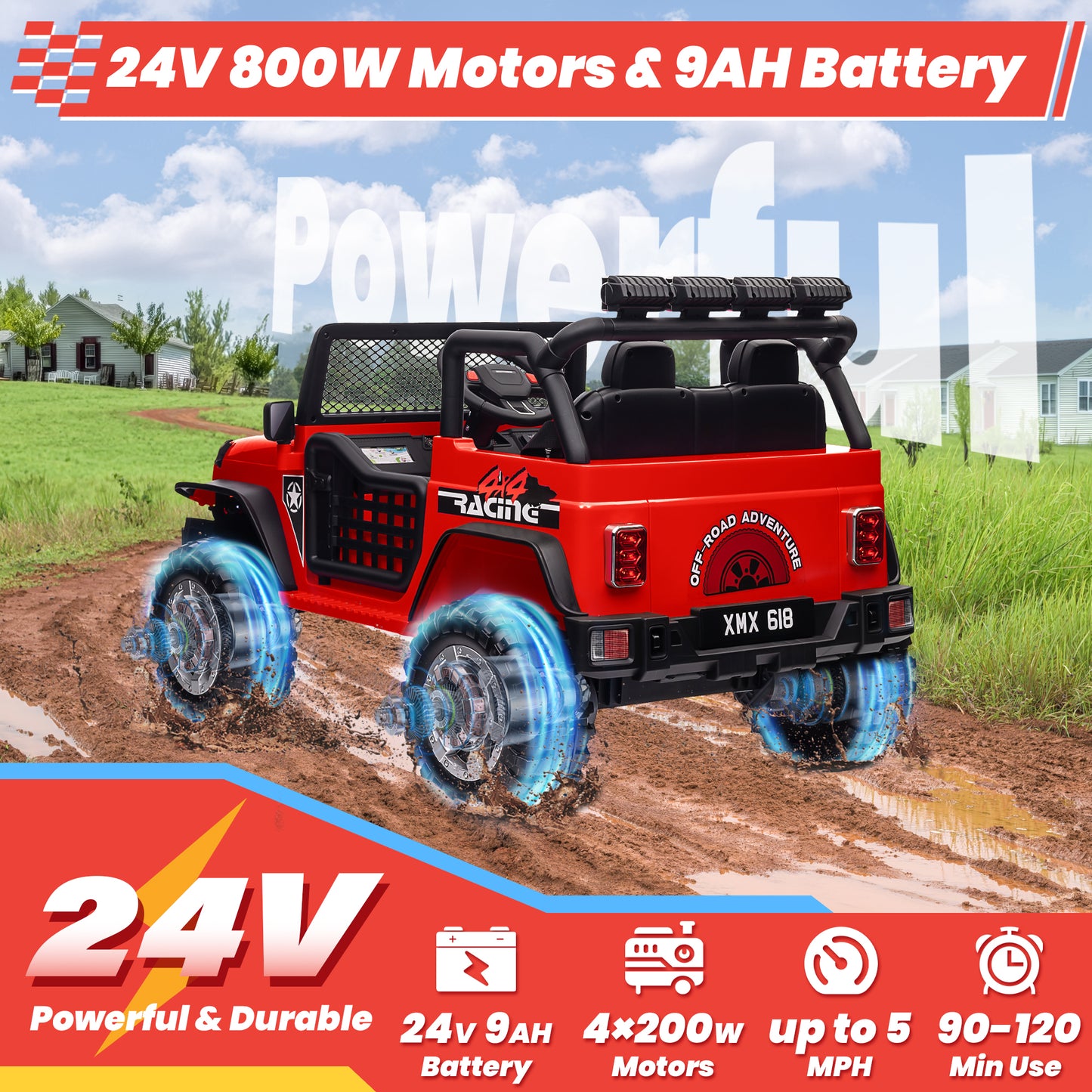 Joyracer 24V 2 Seater Kids Ride on Truck with Remote Control, 4×200W Motor, Electric Battery Powered Toys Car w/ 4 Wheels Spring Suspension, 3 Speeds, LED Lights, Bluetooth Music, Red