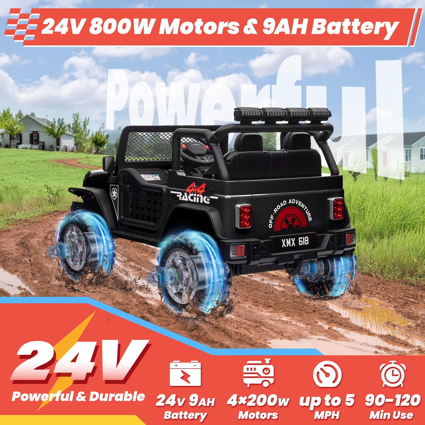 Joyracer 24V 2 Seater Kids Ride on Truck with Remote Control, 4×200W Motor, Electric Battery Powered Toys Car w/ 4 Wheels Spring Suspension, 3 Speeds, LED Lights, Bluetooth Music, Black