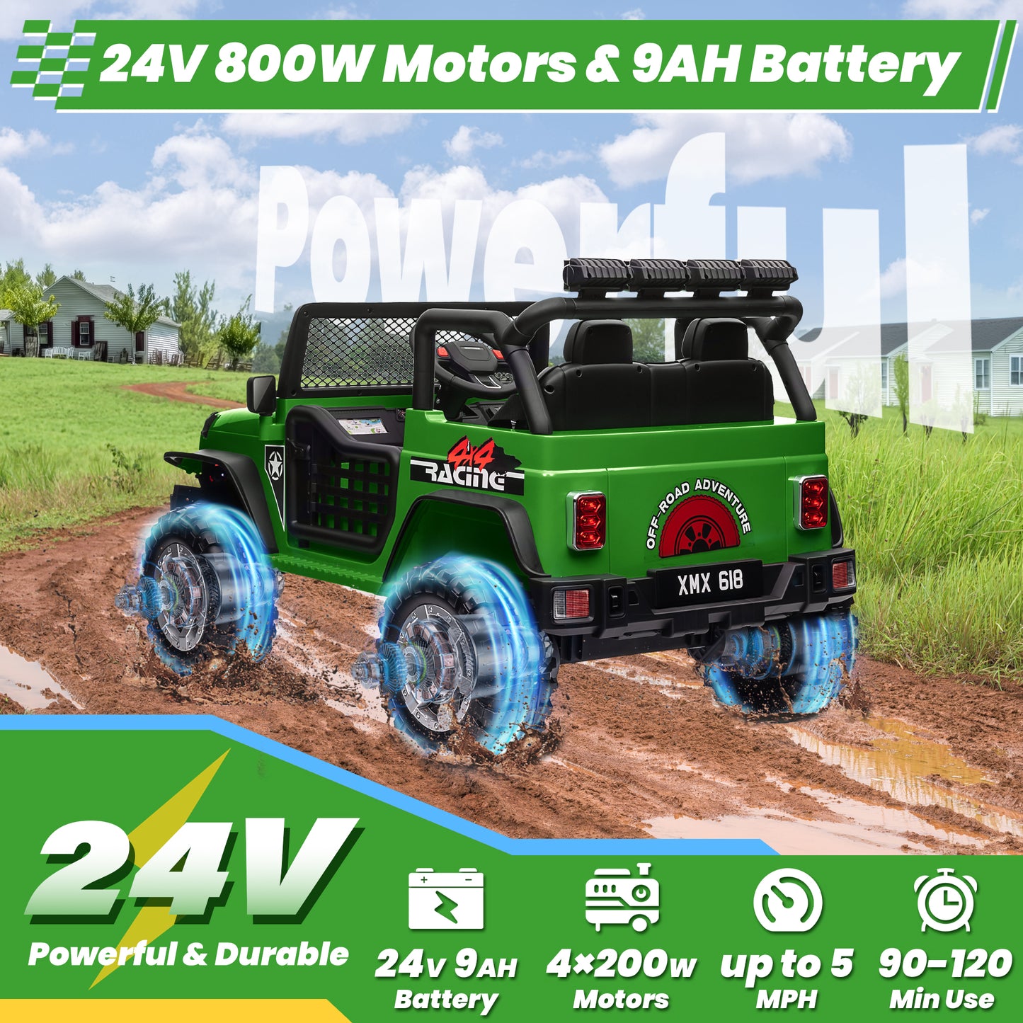 Joyracer 24V 2 Seater Kids Ride on Truck with Remote Control, 4×200W Motor, Electric Battery Powered Toys Car w/ 4 Wheels Spring Suspension, 3 Speeds, LED Lights, Bluetooth Music, Army Green