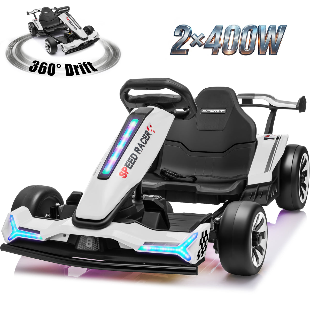 Joyracer 24V Go Kart for Kids 6-12, 2x400W Motors Electric Drift Car with Adjustable Length, 360° Drift Mode, 6.5 MPH High Speed Racing Car, Bluetooth Music,2601