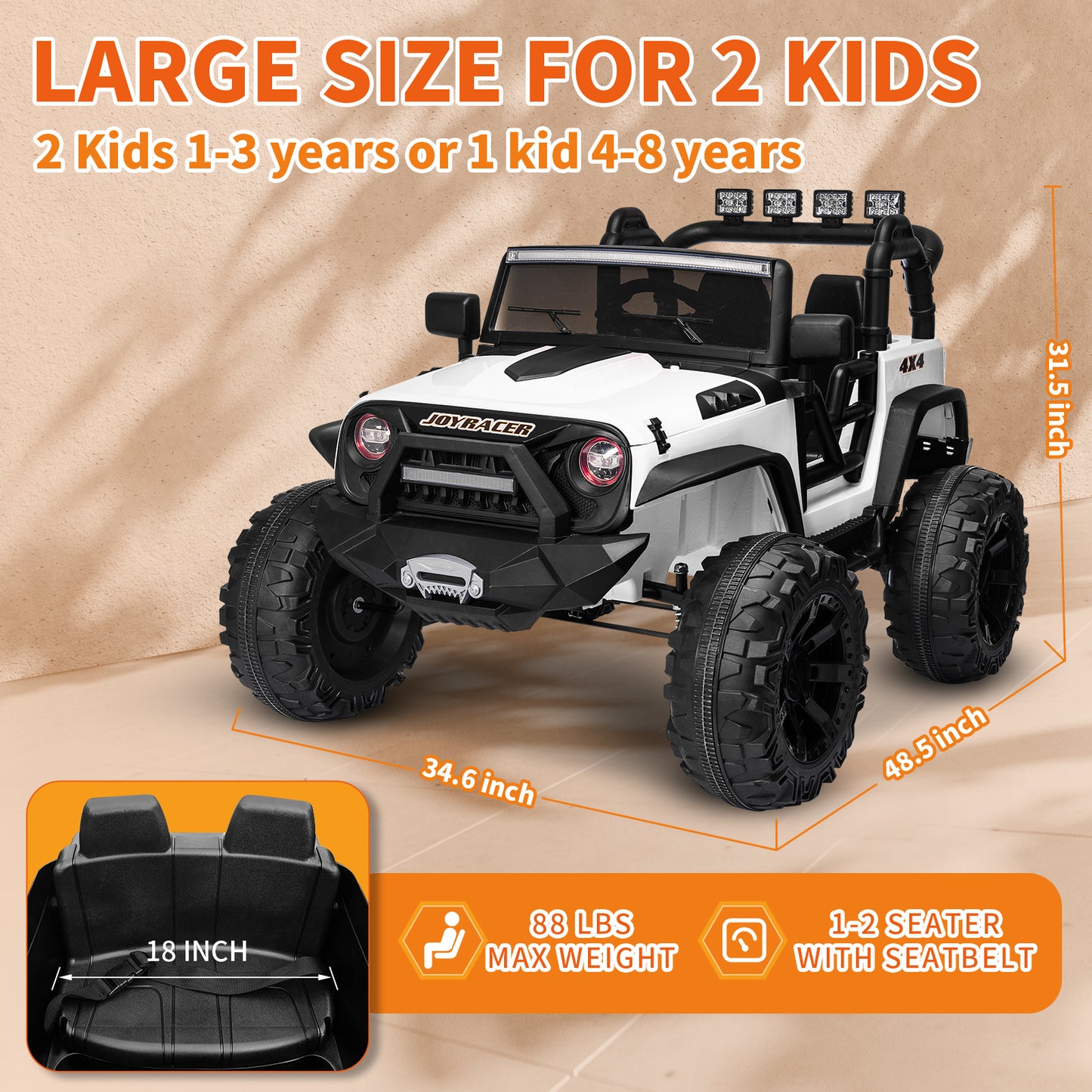 24V Kids Ride On Truck with 2 Seater Remote Control, 4WD Ride On Toy w/ 4*200W Motor 9AH Battery Powered Electric Car, 3 Speeds, Spring Suspension, LED Lights, Bluetooth Music, White