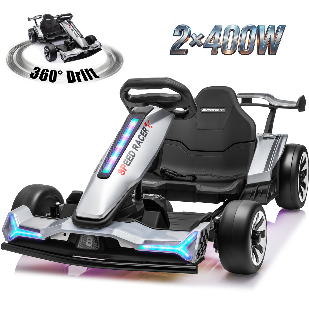 Joyracer 24V Go Kart for Kids 6-12, 2x400W Motors Electric Drift Car with Adjustable Length, 360° Drift Mode, 6.5 MPH High Speed Racing Car, Bluetooth Music,2601