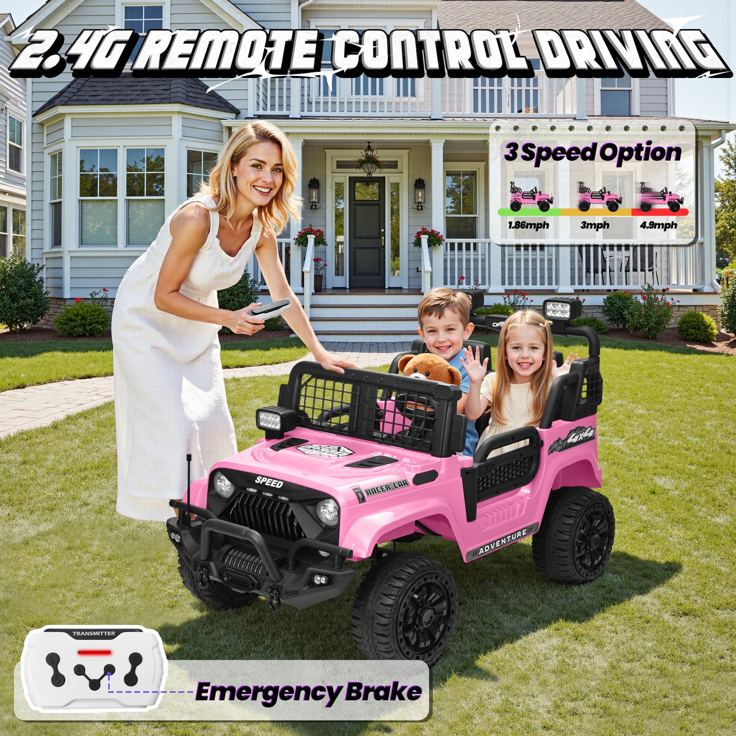 Joyracer 4WD 24V Ride On Toys Truck with Remote Control, 2 Seater 800W 9AH Powered Ride on Electric Car, Bluetooth MP3 Music, 4 Wheels Suspension, 3 Speeds, Black, Pink, Red,Pink-1202