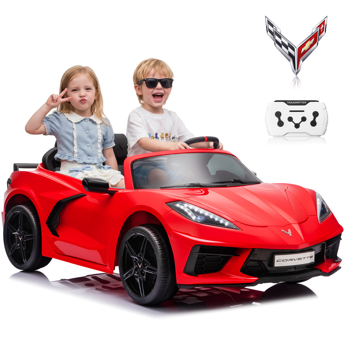 Joyracer Licensed Corvette 24 Volt Ride on Toys, 4WD/2WD Switchable Ride on Car, XL Electric Car for Kids with Remote, Bluetooth, LED Lights, Seat Belt & Lockable Doors, 3-8