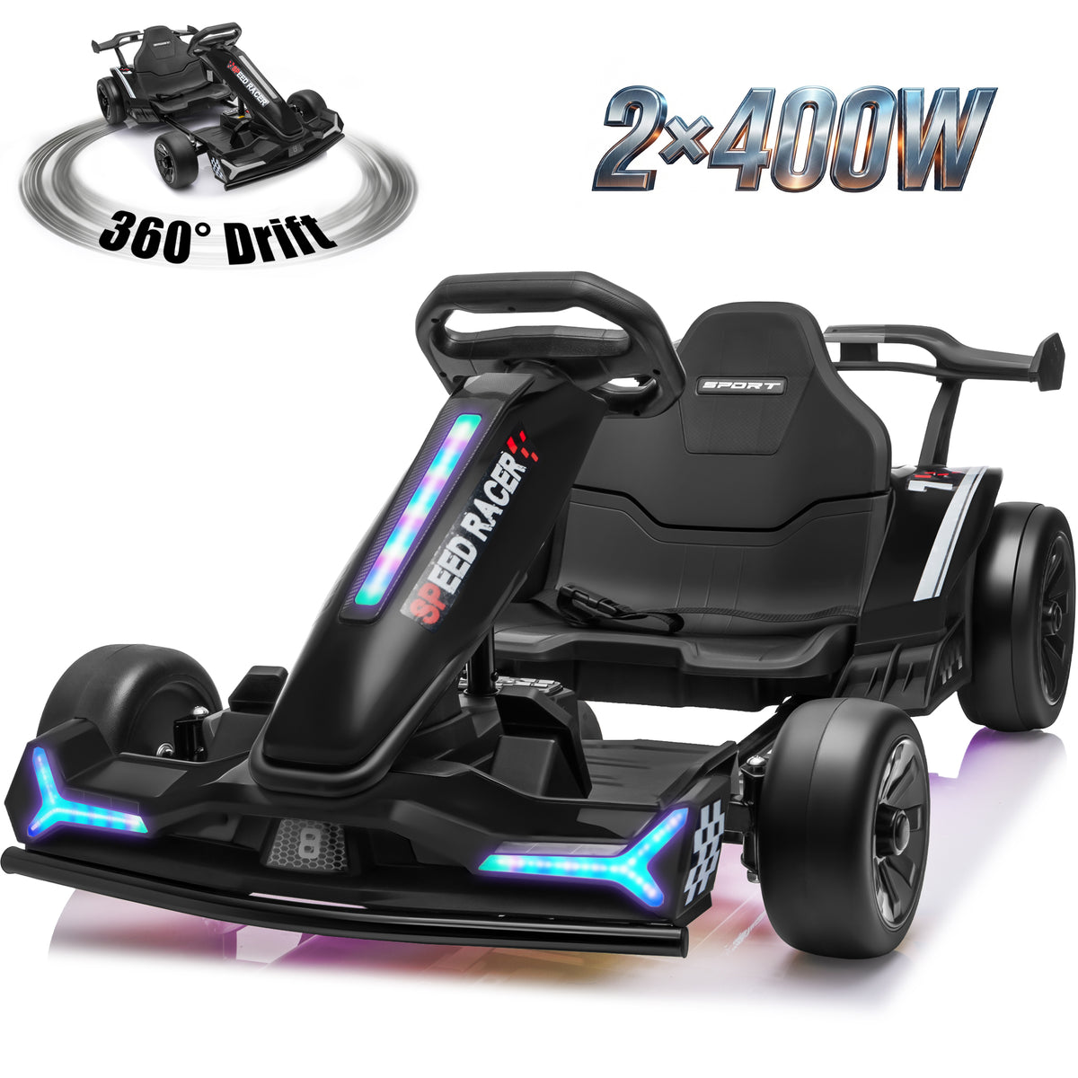 Joyracer 24V Go Kart for Kids 6-12, 2x400W Motors Electric Drift Car with Adjustable Length, 360° Drift Mode, 6.5 MPH High Speed Racing Car, Bluetooth Music,2601