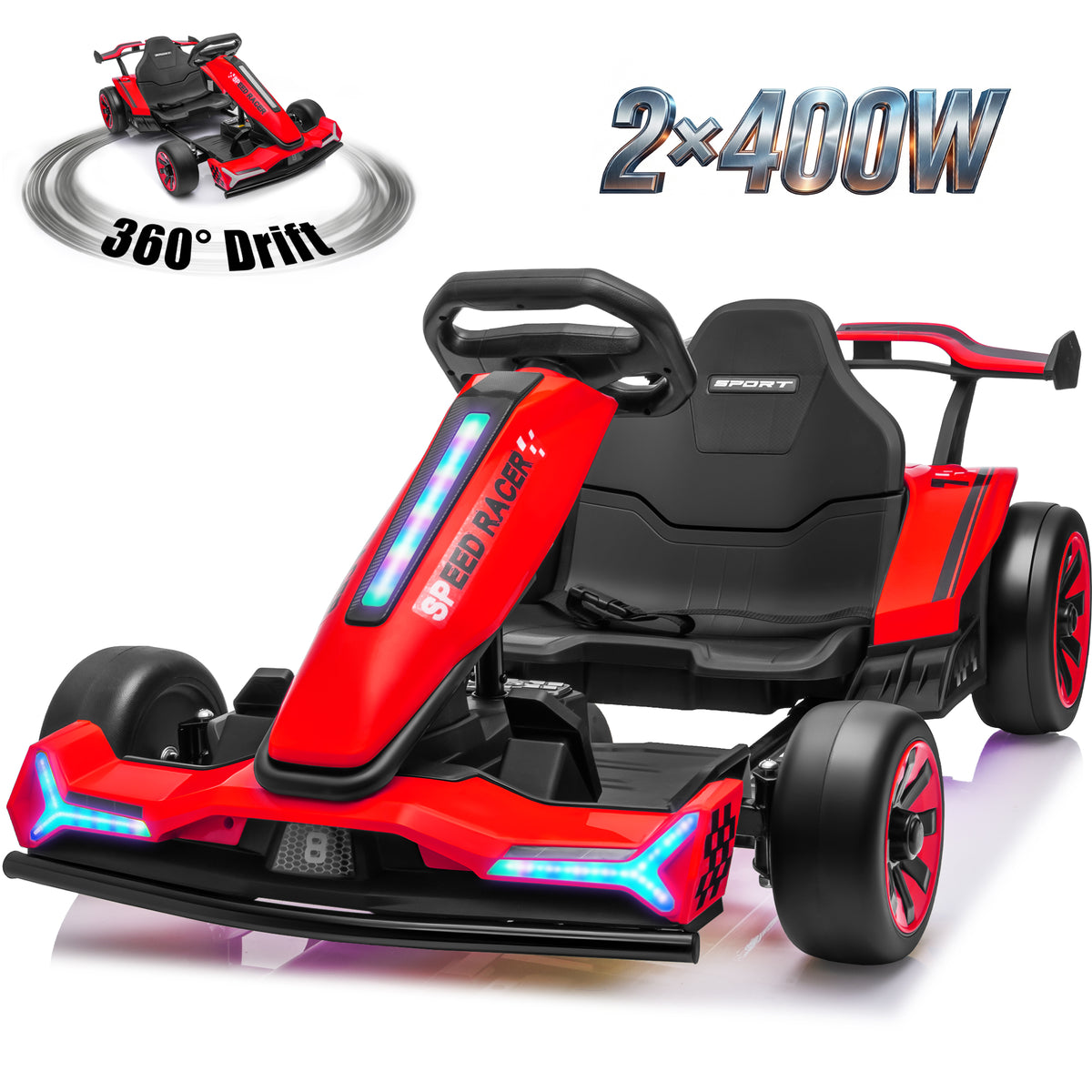 Joyracer 24V Go Kart for Kids 6-12, 2x400W Motors Electric Drift Car with Adjustable Length, 360° Drift Mode, 6.5 MPH High Speed Racing Car, Bluetooth Music,2601