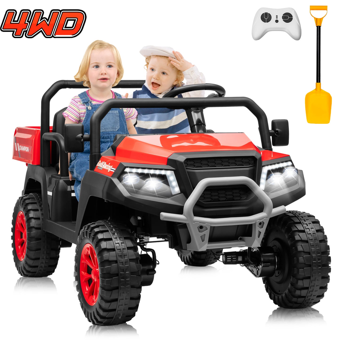 Joyracer 4WD 24 Volt Ride on Toys UTV with 2 Seater & Remote Control, Kids Electric Golf Cart w/ 4x200W Power Motors, Tiltable Trailer & Shovel, 4 Wheels Spring Suspension, Bluetooth USB Music, Green-623E